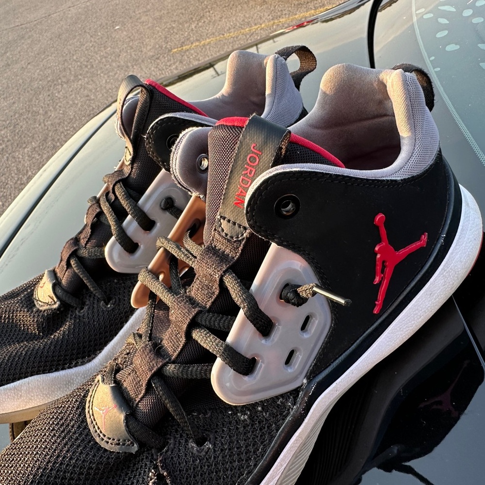 Jordan Black and Red Sneakers with Gray Accents